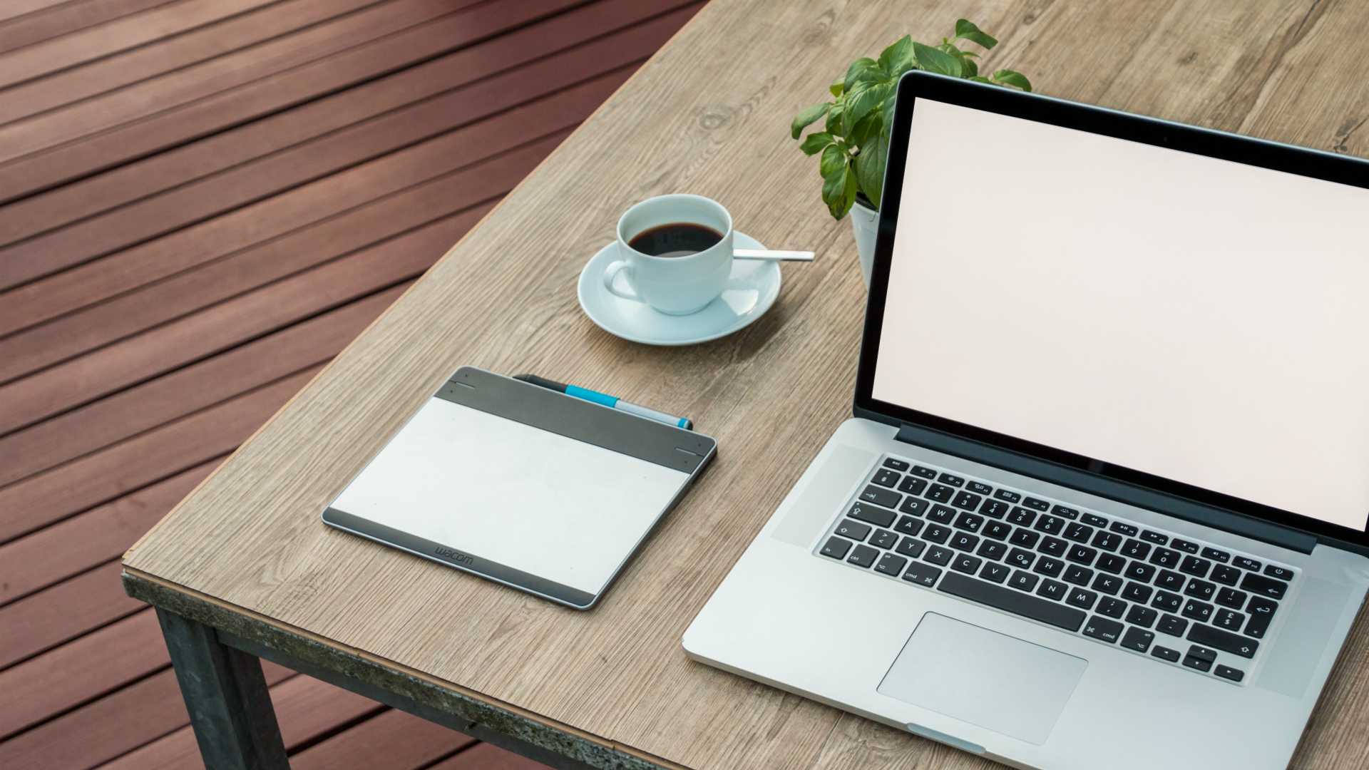 desk with laptop, plant and notepad
