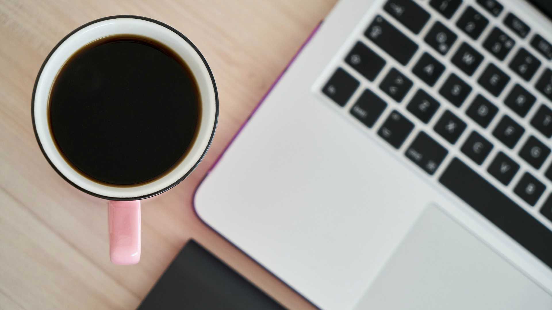 laptop, cup of coffee