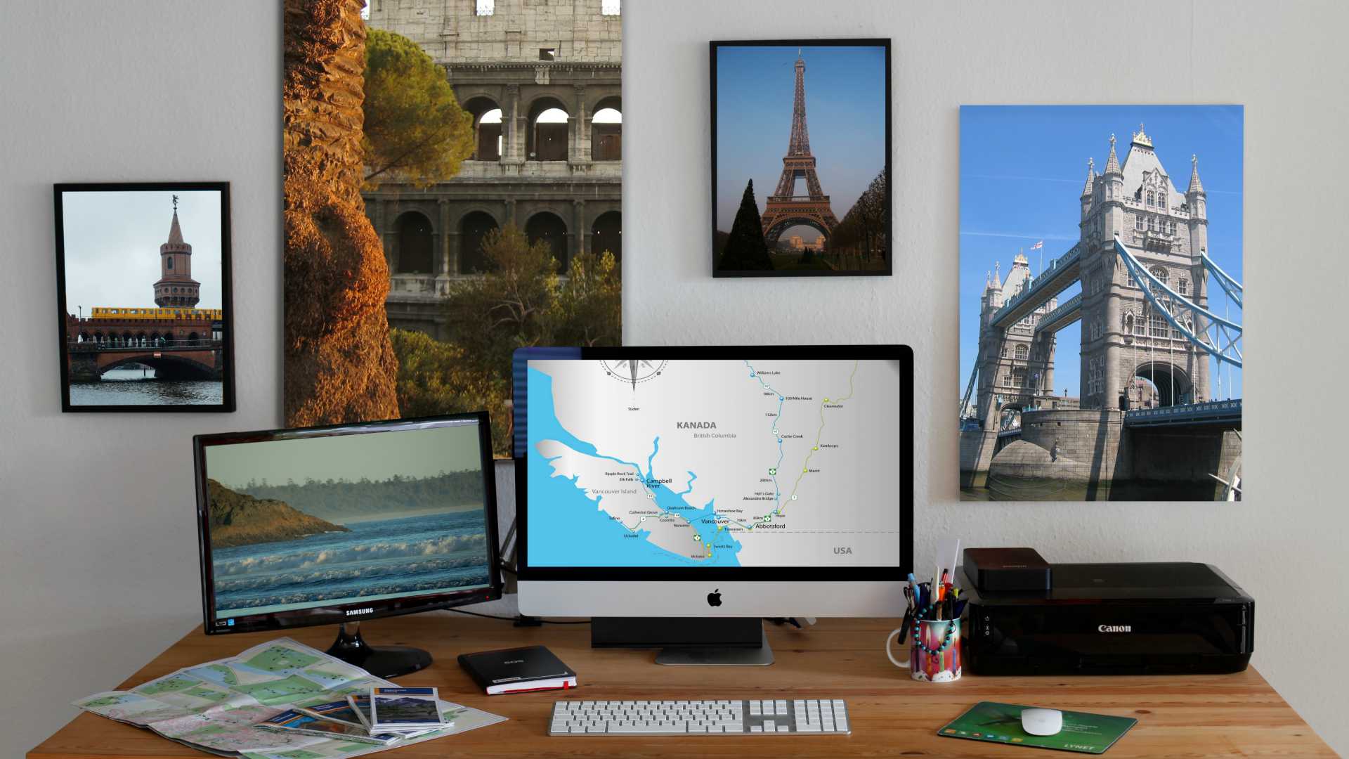 office with maps and international photos