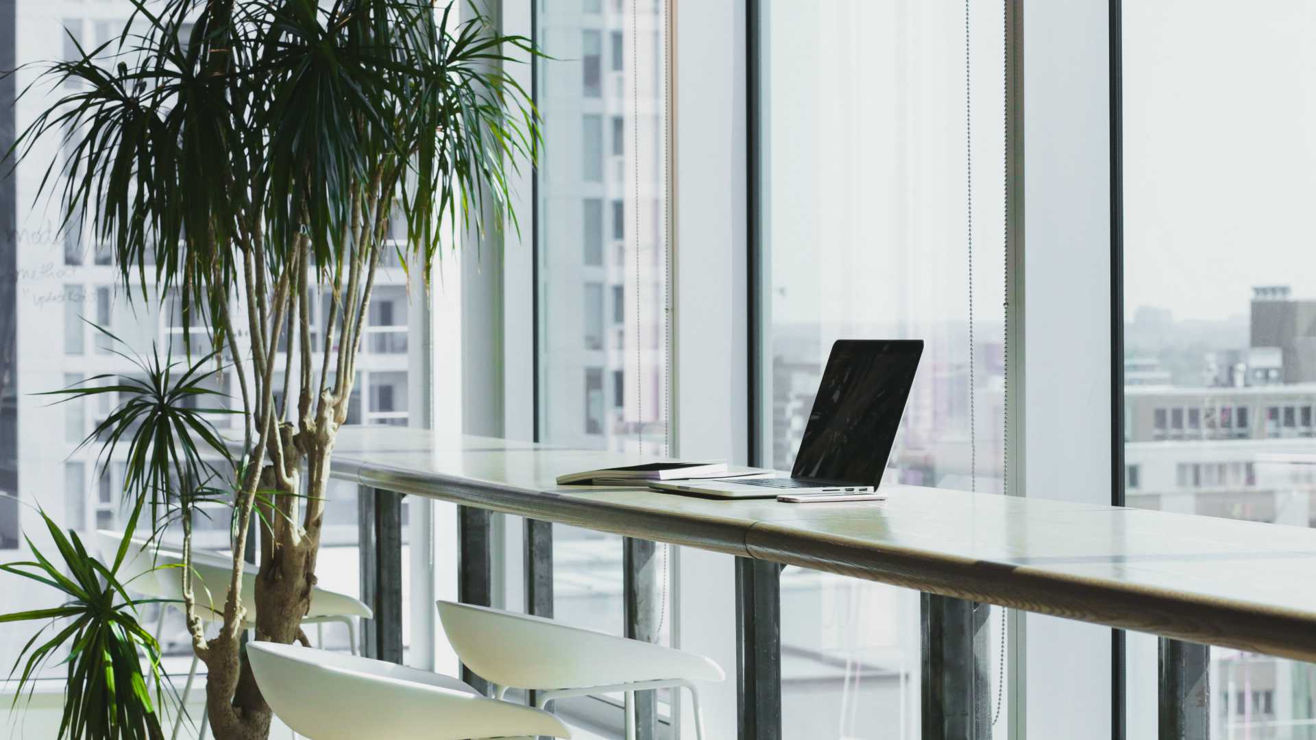 Modern office space with counter workspace in front of windowed wall