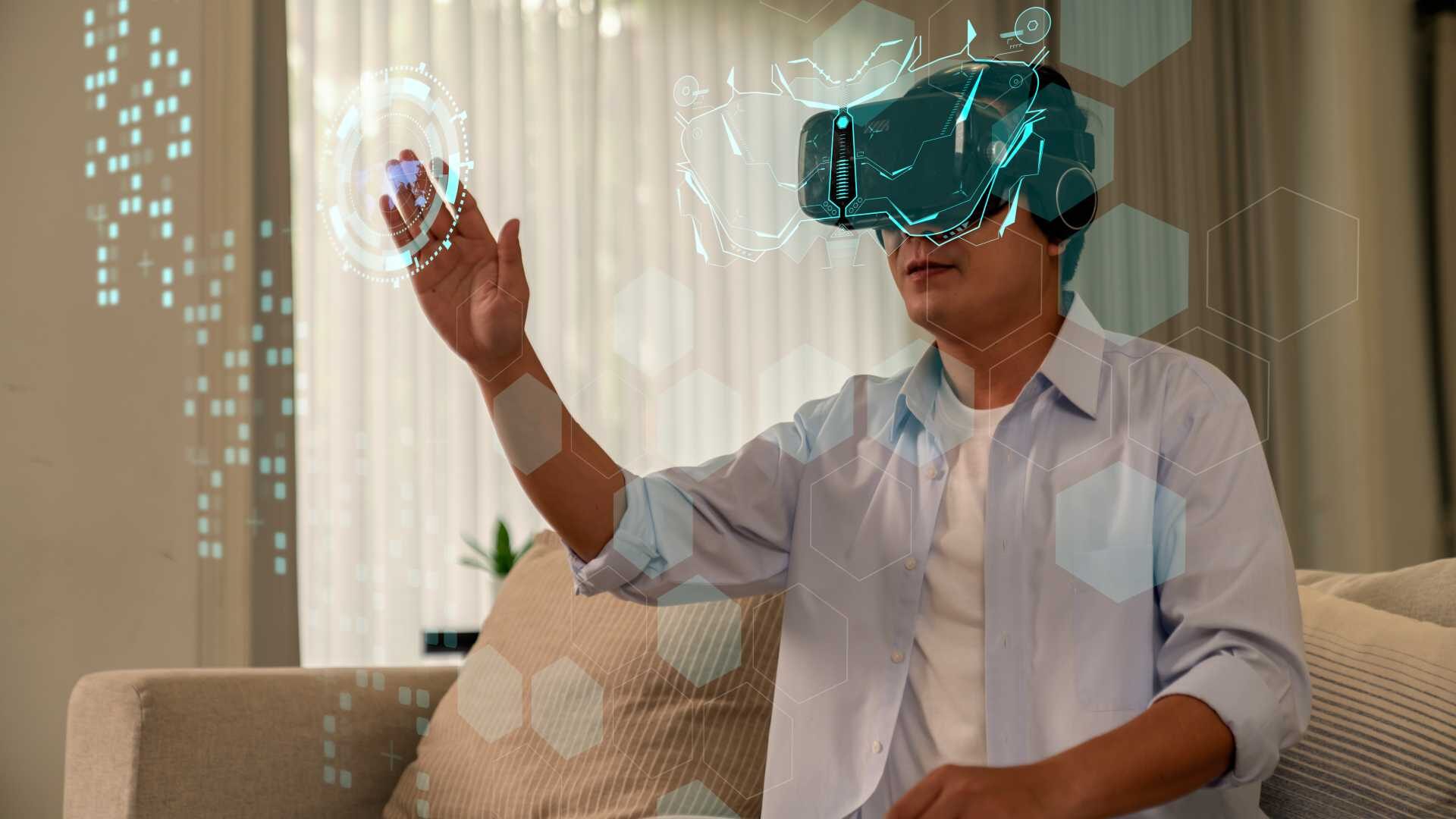 Man putting on VR headset and looking around to the cyber world of the metaverse