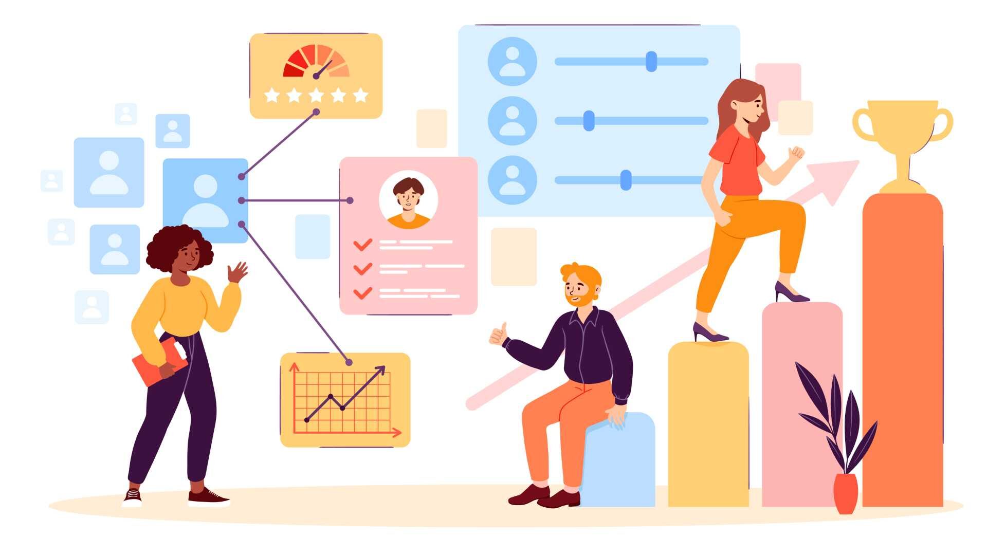 An animated graphic of people and computer application symbols