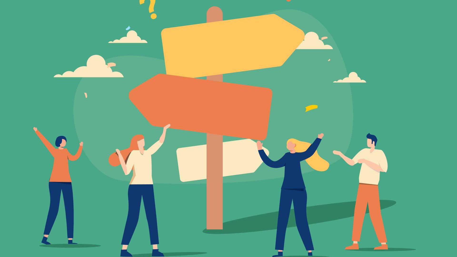 Graphic concept image of orange and yellow signposts indicating pathways with businesspeople