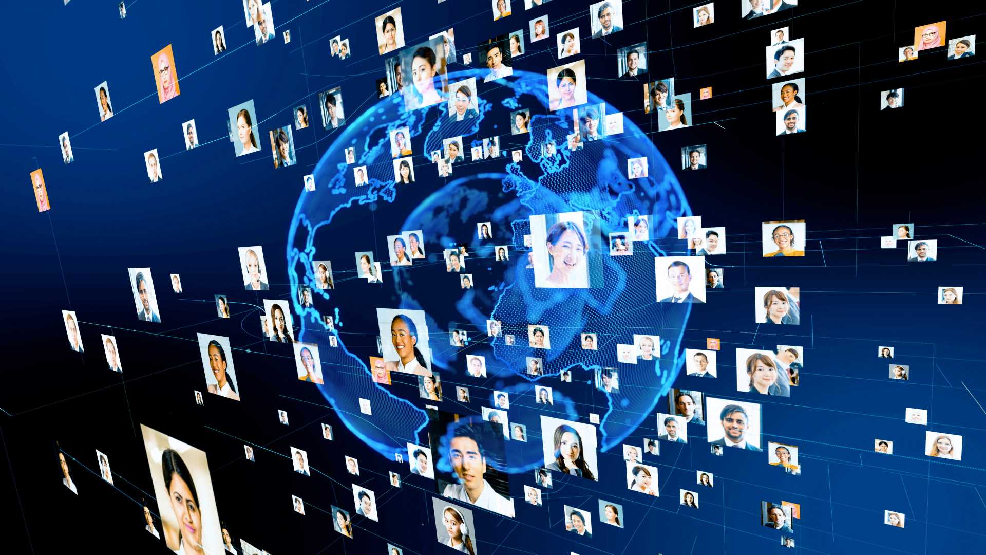 A graphic of the earth with snapshots of people from diverse backgrounds