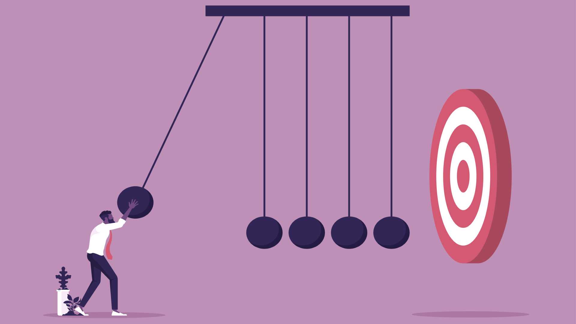 Businessman using newtons cradle to hit target,