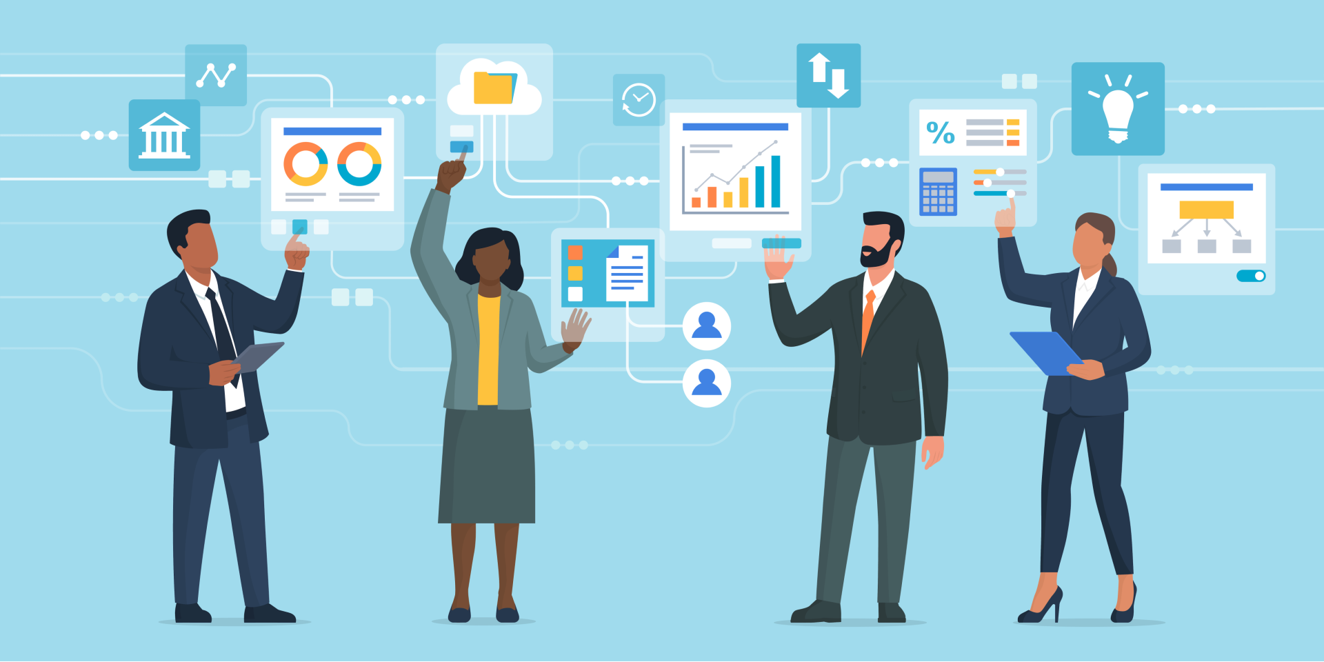 A graphic image of business people with digital icons representing digital skills training and digital fluency