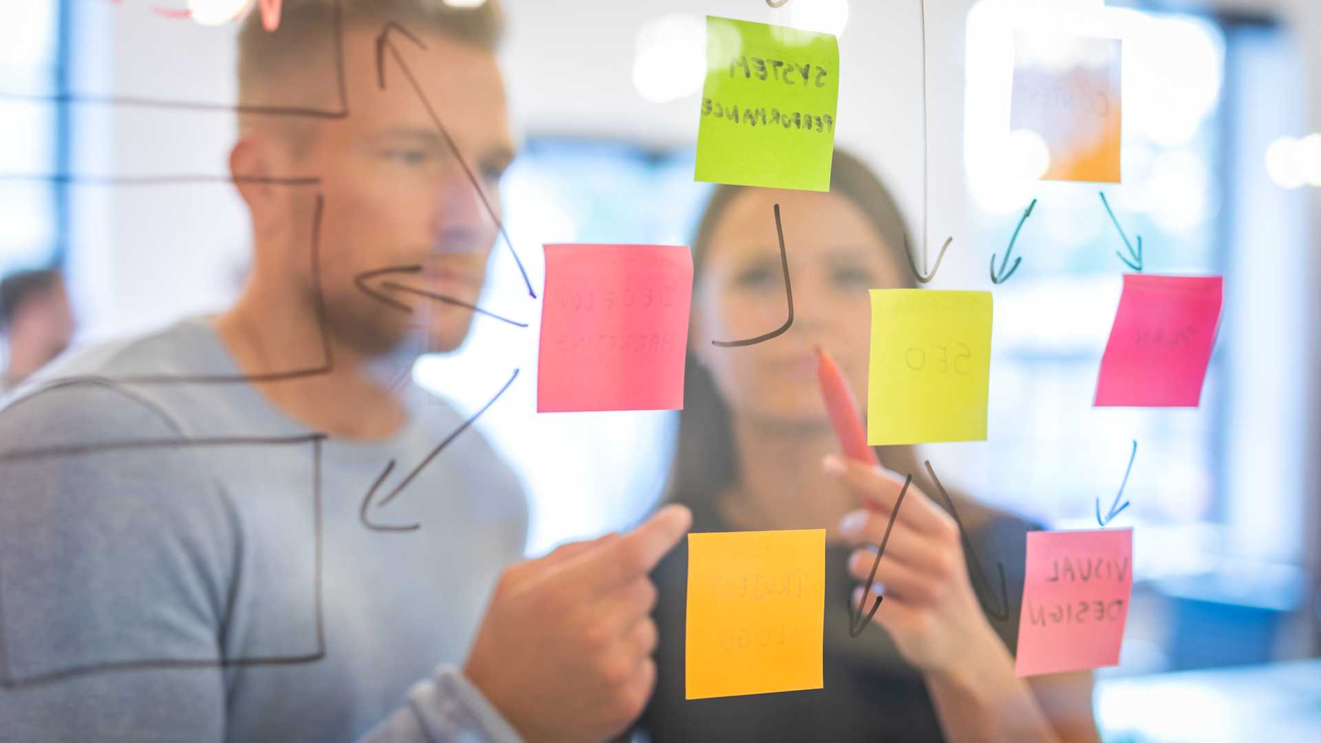 Business people meeting at office and use post it notes to plan on a board