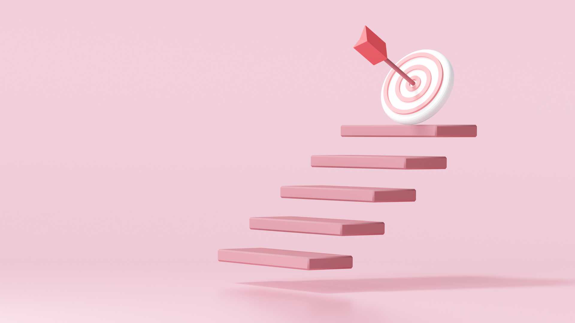 Red arrow hit the center of target on top of the staircase. business strategy and target concept