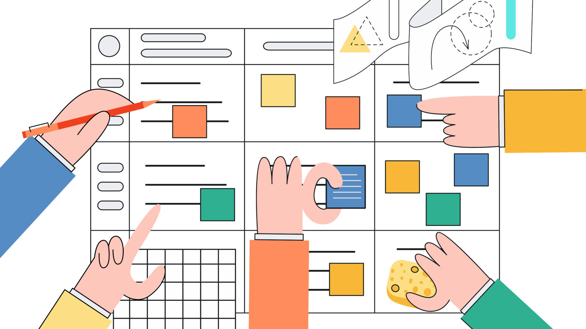 Multiple cartoon arms and hands planning something on a white sheet.