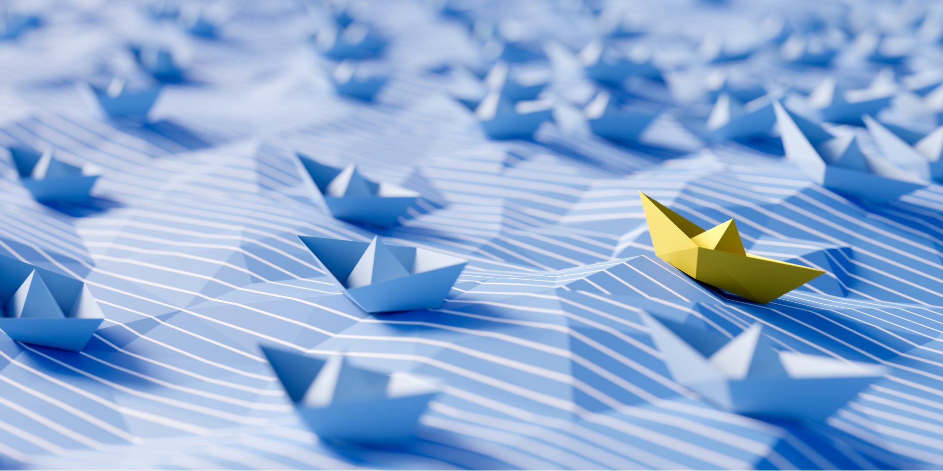 Blue animation of blue paper hats in an ocean with only one gold paper hat.