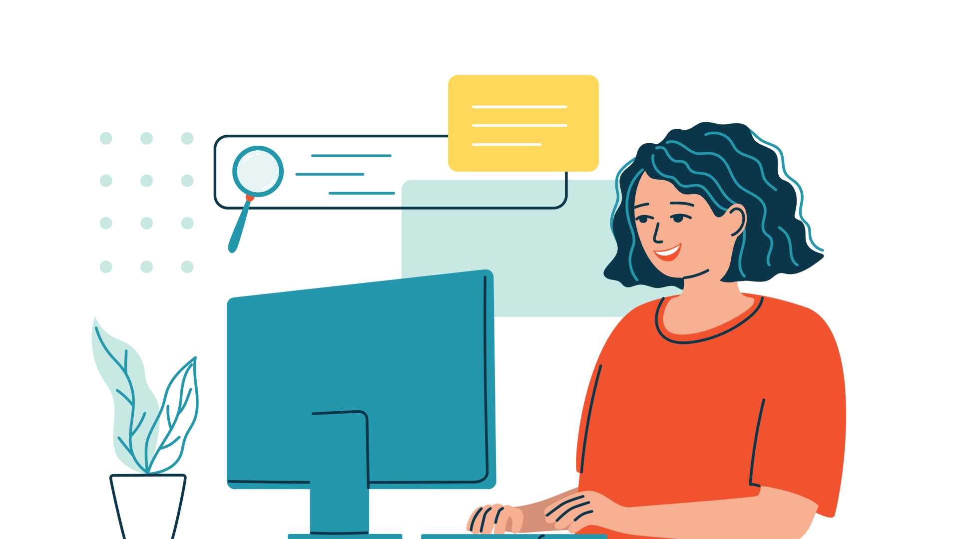 Cartoon woman looking at computer for emails.