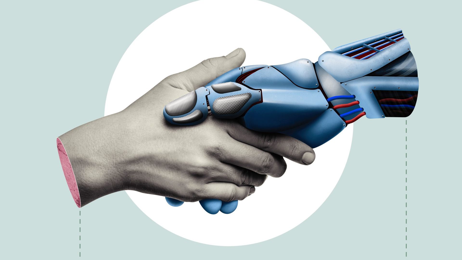 Human and robot shaking hands.