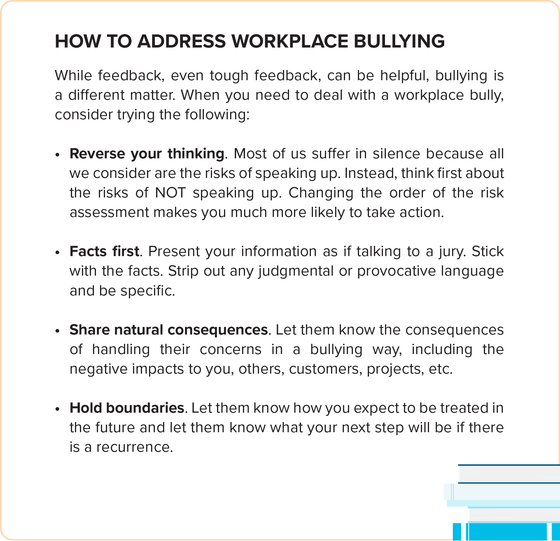 Description of addressing workplace bullying in a bullet point format.