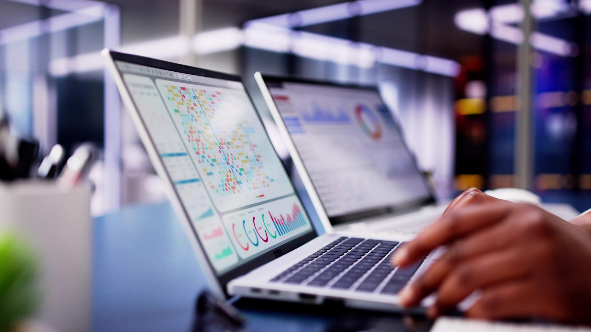 Looking at analytics on a computer.