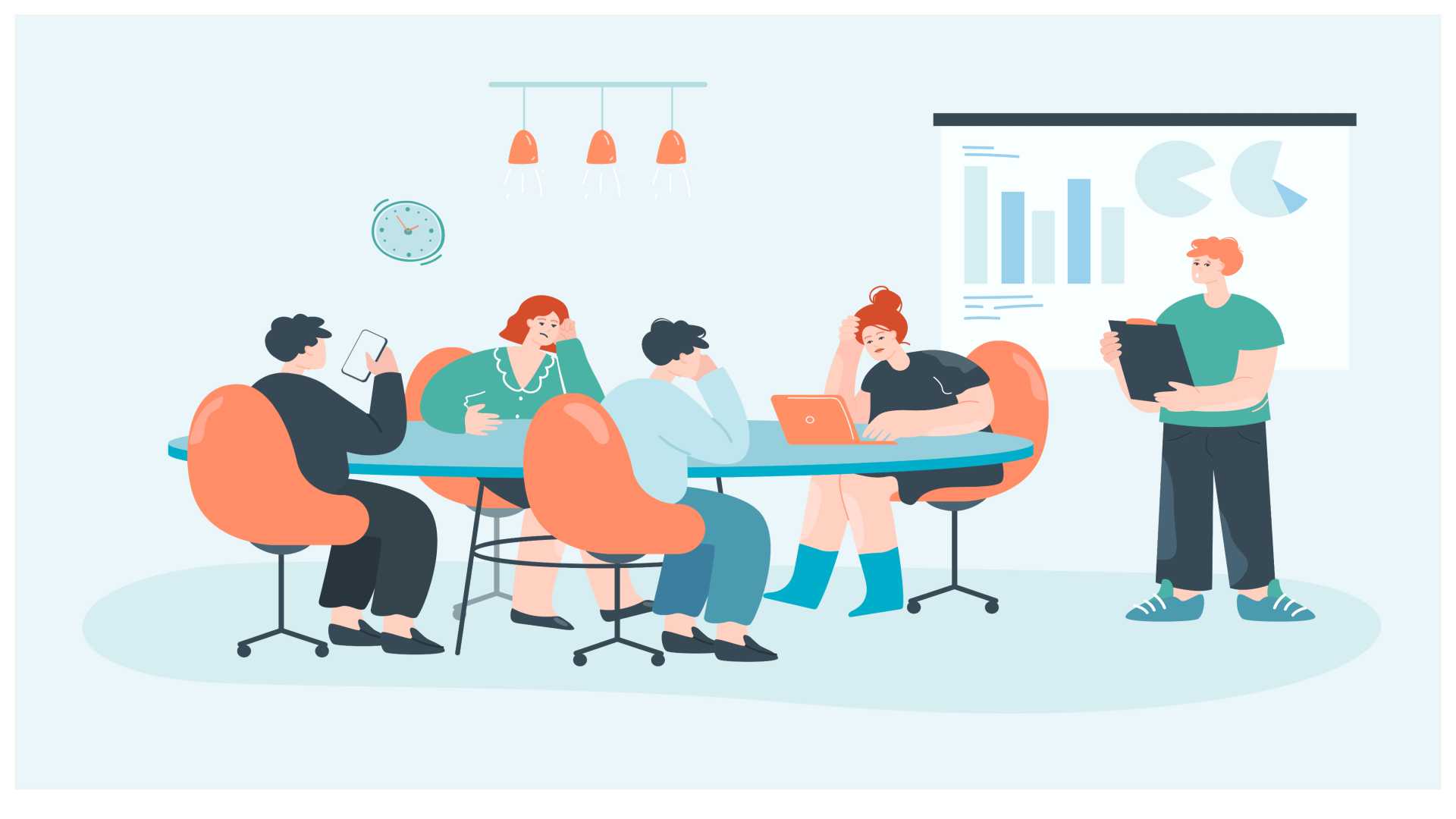 Group of people in office working and in a team meeting.