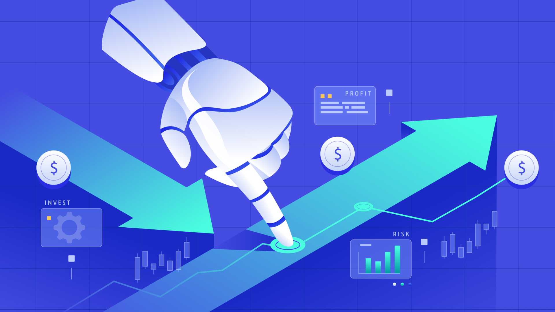 Robot hand with money going up.