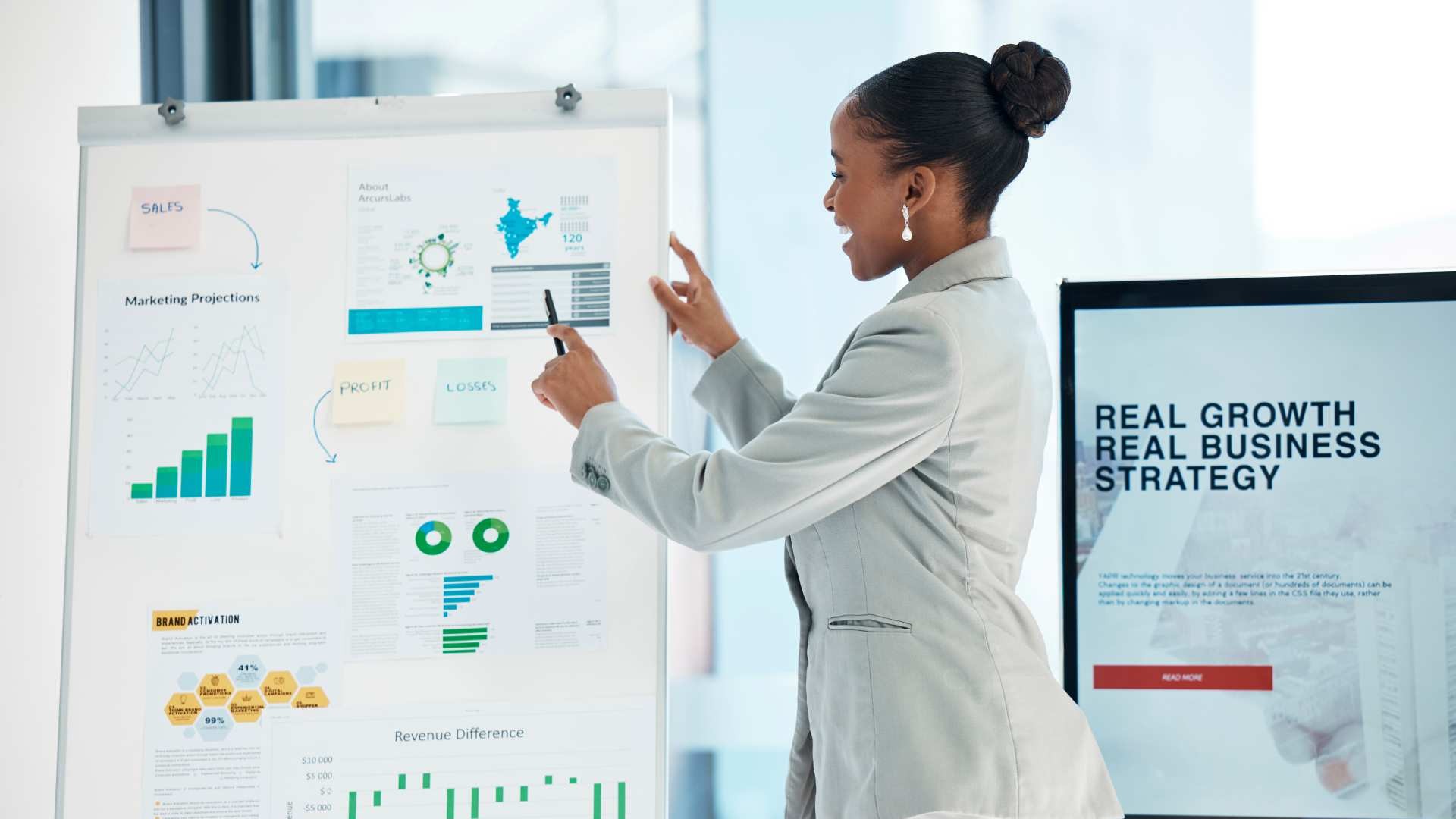 A business professional in a light gray blazer points to charts and sticky notes on a whiteboard during a presentation, with a digital screen displaying “Real Growth Real Business Strategy” in the background.