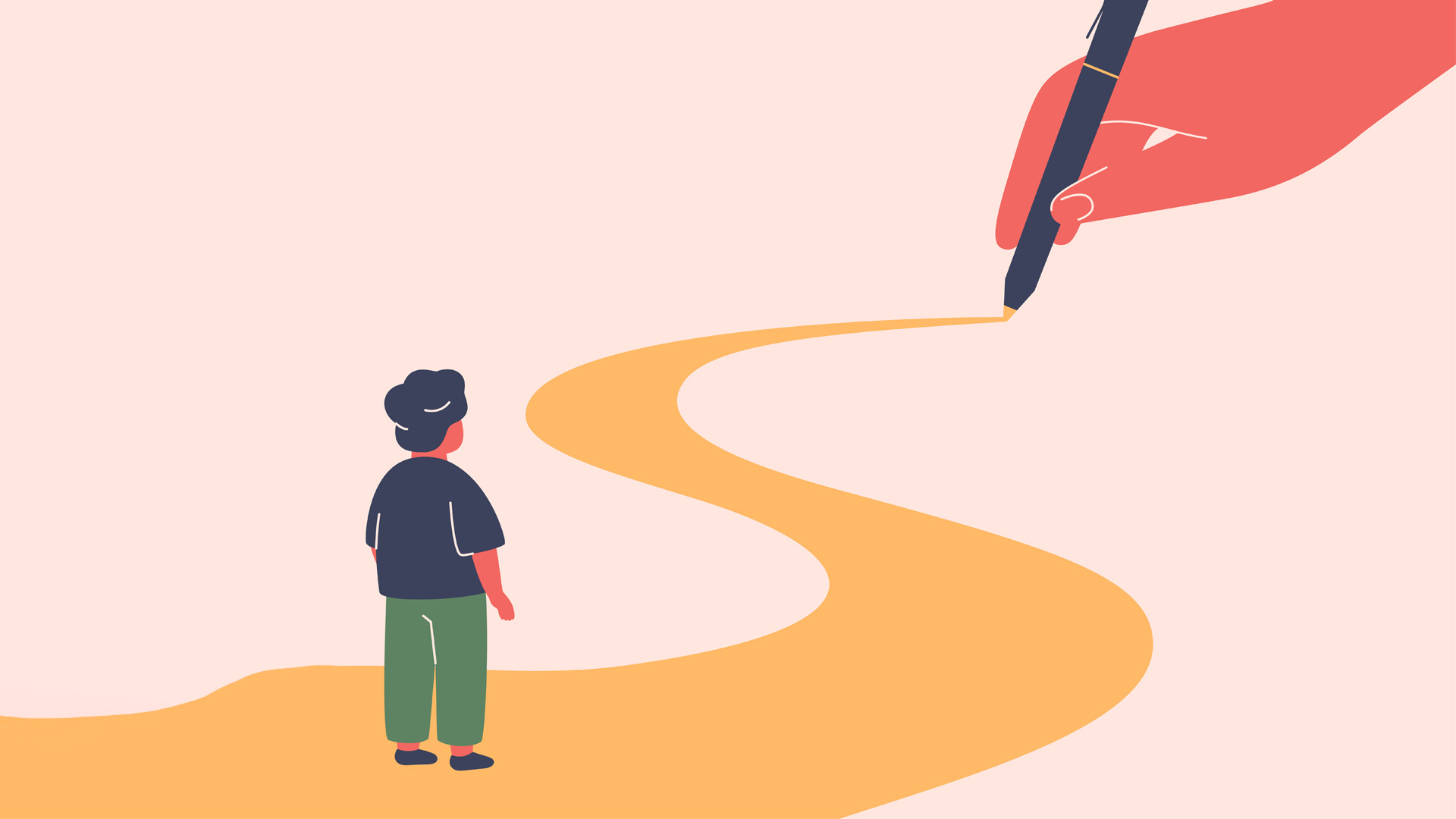 Illustration of a person standing at the start of a golden path being drawn ahead by a large hand holding a pen, symbolizing purposeful direction and intentional learning design.