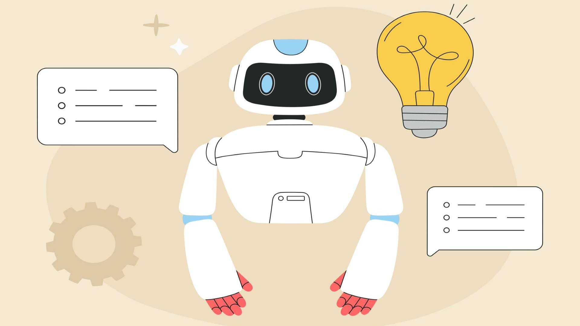 Cartoon robot surrounded by icons of a lightbulb, speech bubbles, and a gear, representing ideas and communication.